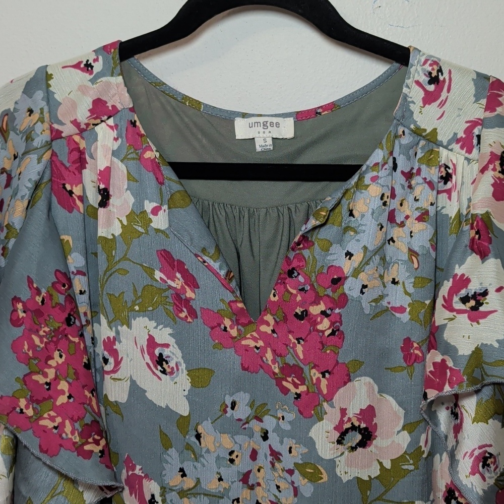 Umgee Floral Flutter Sleeve Mini Dress Blue Pink White Green Boho Women's Size S - Picture 3 of 6